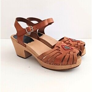 Hasbeens Swedish Mary Jane Clogs Woven Caramel Brown Leather EU 37 US 6-6.5